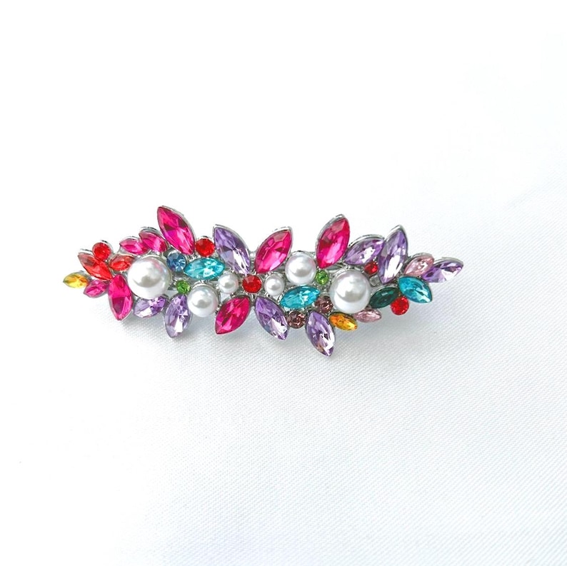 Multicoloured Rhinestone Leaf Barrette, Bridal Shiny Silver Pearl Hair Multicoloured Rhinestone Leaf Barrette, Bridal Shiny Silver Pearl Hair