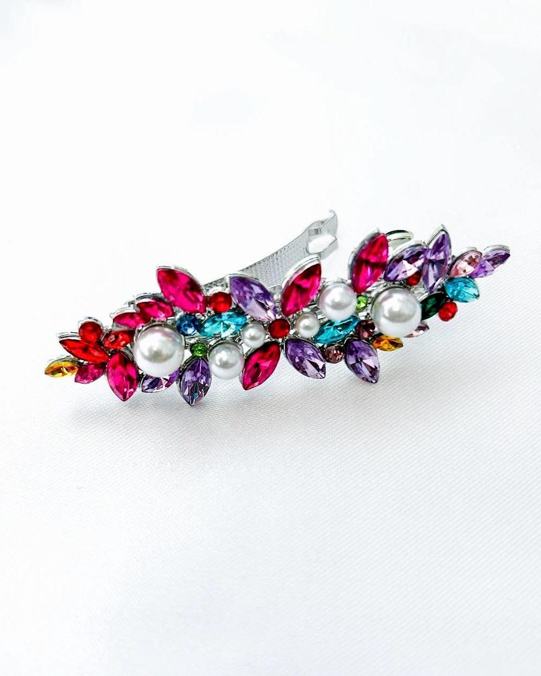Multicoloured Rhinestone Leaf Barrette, Bridal Shiny Silver Pearl Hair Multicoloured Rhinestone Leaf Barrette, Bridal Shiny Silver Pearl Hair