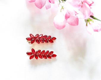 Horquillas con forma de flor roja vibrante, accesorio para el cabello brillante en rojo y dorado para novias (juego de 2)