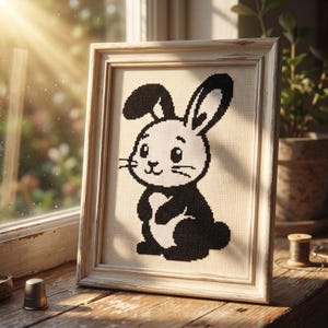 Peut inclure: Une broderie au point de croix encadrée représentant un lapin noir et blanc sur une toile Aida beige clair. Le lapin est représenté en position assise avec de longues oreilles, un petit nez et des moustaches, le tout en fil noir pixelisé.