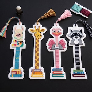Animal Cross Stitch Bookmark Set, Cute Llama Giraffe Raccoon PDF Pattern, Easy Counted Needlepoint Embroidery Chart, DIY Bookworm Gift