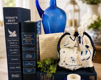 Vintage Blue and White Decor | Cobalt Glass Farmhouse Bookshelf Vignette | Porcelain Figurine | Readers Digest |Stories in Vintage No. 5