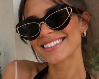 Chic Black Cat-Eye Sunglasses with Gold Detail – Trendy Summer Eyewear