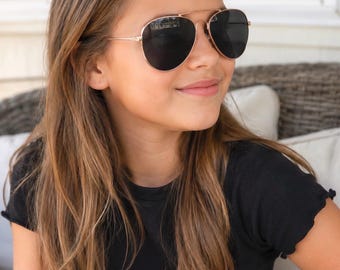 Kids Aviator Sunglasses, Gold Frame Children Shades, Boys Girls Summer Eyewear, Dark Lens Vacation Sunglasses