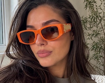 Orange Rectangle Sunglasses, Y2K Retro Shades, Gold Detail Summer Eyewear, Bold Festival Sunglasses