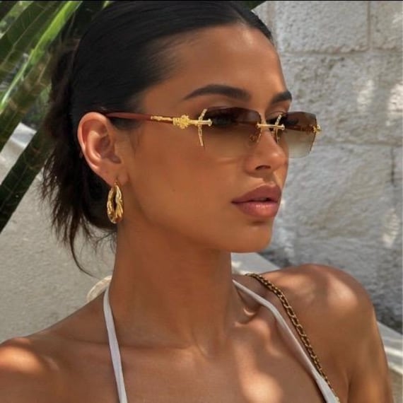 Luxury Rimless Sunglasses Women | Vintage Brown Gradient Shades | Designer Style Frameless Sunglasses | Fashion UV400 Eyewear