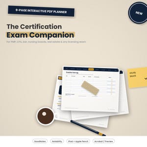 Op de afbeelding: Een 9-pagina tellende interactieve PDF-planner genaamd The Certification Exam Companion voor PMP, CPA, balie, verpleegkunde en vastgoedexamens. De planner bevat een oefentoetslogboek, een koffiekopje, een stylus en een geel studieblok.