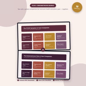 May include: A digital PCOS and Endometriosis bundle featuring two interactive guides with 18 pages total. The layout includes navigation tabs for symptom tracking, diagnosis logs, lab results, treatment, medication, and lifestyle notes in a dark color palette.
