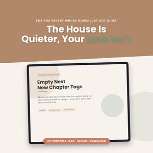 May include: A digital graphic featuring the text "For the parent whose house just got quiet, The House Is Quieter, Your Love Isn't" above a document titled "Empty Nest New Chapter Tags" which includes 24 printable tags and 6 blank ones.