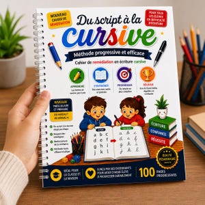 Könnte beinhalten: Ein spiralgebundenes Lernheft mit dem Titel Du script à la cursive, das ein buntes Cover mit Illustrationen von zwei Kindern beim Schreibenlernen, pädagogischen Symbolen und einem Bücherstapel mit den Aufschriften Écriture, Confiance, Réussite zeigt.