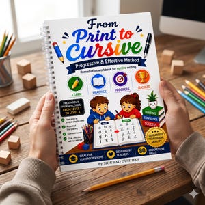 May include: A spiral-bound workbook titled From Print to Cursive with a colorful cover featuring illustrations of children writing, educational icons, and text detailing a progressive method for preschool and primary levels by Mourad Ouhidan.