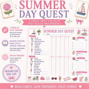 Può includere: Una lista di controllo Summer Day Quest con una griglia di monitoraggio di due settimane, registri di lettura e controlli finanziari. Il design include testo rosa e viola, icone di barca a vela, palma e ortensia, con compiti giornalieri.