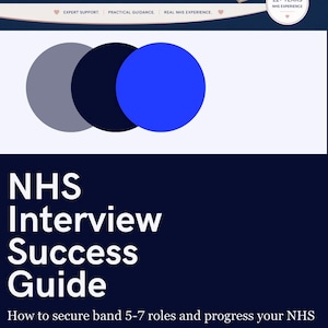 May include: A digital document titled NHS Interview Success Guide for securing band 5-7 roles. It features the Michelle Rose Coaching logo, a stack of books, a notebook, and text detailing 22+ years of NHS experience and career support.