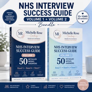 May include: A bundle of two books titled NHS Interview Success Guide Volume 1 and Volume 2 by Michelle Rose Coaching. The dark blue and light blue covers feature the text 50 Detailed Model Answers for Band 5, Band 6, and Band 7, along with icons for interview preparation, career development, confidence, and growth.