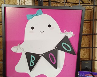 Cute Ghost 'Boo' Wall Art - Adorable Halloween Decor with Pink Background