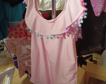 Bmagical by Brexan Girls' Pink Swimsuit Size 10 with Pom Pom Trim - Free Shipping