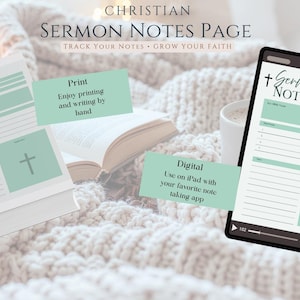 Könnte beinhalten: Eine Vorlage für christliche Predigtnotizen, dargestellt als gedrucktes Papier und auf einem Tablet-Display. Das Layout enthält ein Kreuz-Symbol, Abschnitte für Datum, Sprecher und Schriftstellen sowie linierte Bereiche für Notizen in einem sanften Salbeigrün.