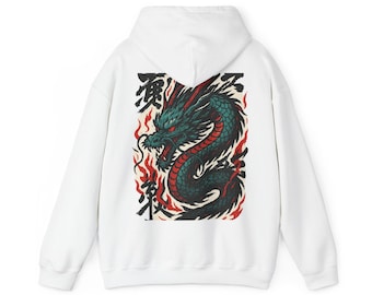 Streetwear Dragon Hoodie, Japanese Tattoo Art, Sumi Ink (Black-XL)