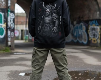 Japanese Oni Hoodie, Ink Illustration with Crimson Details (Unisex S-XXL)