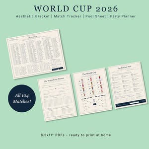 Könnte beinhalten: Ein Set aus druckbaren Dokumenten für die Weltmeisterschaft 2026, bestehend aus Spielplan, Turnierbaum, Tippspiel-Bogen und Partyplaner. Die cremefarbenen Seiten mit dunklem Text messen 21,6x27,9 cm und umfassen insgesamt 104 Spiele.