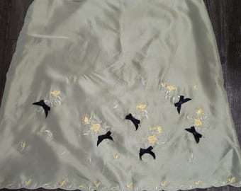 100% Silk Light Green Skirt, Yellow Embroidery Roses, Black Bows, Women's size 16
