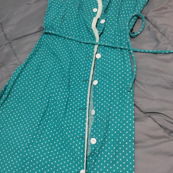 1950's 2 Piece Set Teal Polka Dot Dress Bolero Jacket with Original Belt. Extra Small