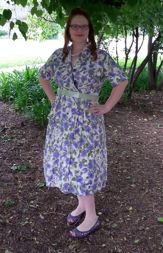 1950's Purple Floral Wrap Dress. Morning Glory on 