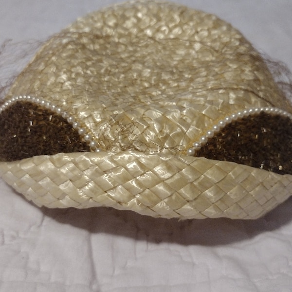 1950's Straw hat with gold beads and pearl trim, gold veil