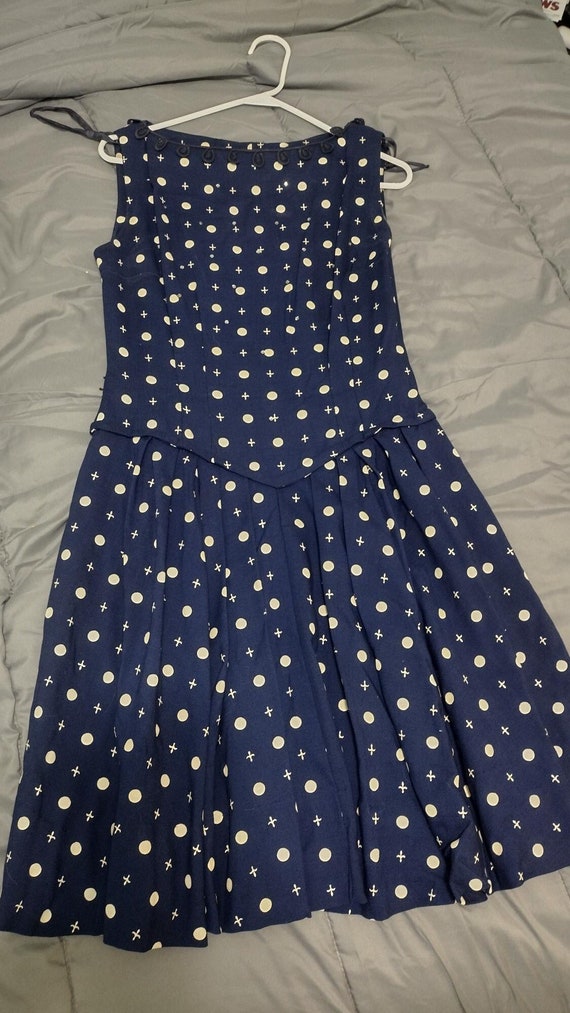 1940's Navy Dress. Fleur-de-lis and polka dots. S… - image 1