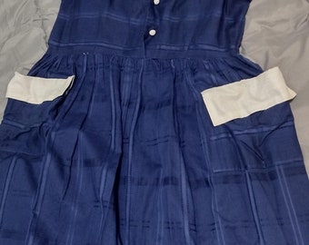 1950's Blue Dress with White Collar and White Pocket Trim. Size Medium