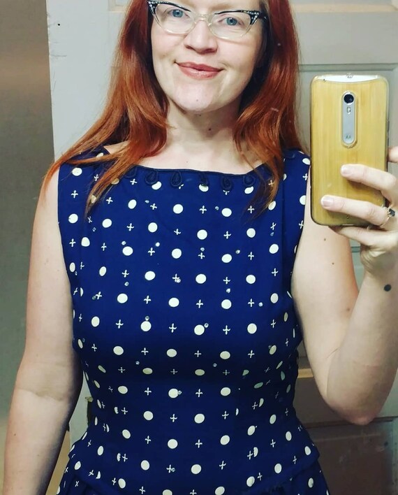 1940's Navy Dress. Fleur-de-lis and polka dots. S… - image 2