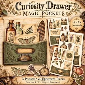 May include: A digital printable set titled Curiosity Drawer Magic Pockets featuring 20 ephemera pieces including apothecary bottles, moths, ferns, feathers, and pocket designs. The set includes a green drawer graphic and fits A5 journals.