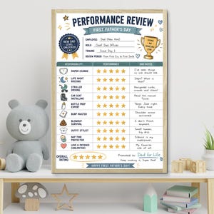 Prestatiebeoordeling eerste Vaderdag afdrukbaar | Grappig nieuw vadercadeau | 5-sterren vaderevaluatieposter | Muurkunst voor Vaderdag | Downloaden