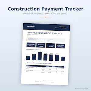 Puede incluir: Una plantilla digital de seguimiento de pagos de construcción para Excel y Google Sheets. El documento incluye un calendario de pagos, un gráfico de barras para los importes por hito y una tabla que detalla las retenciones y totales.