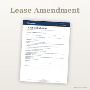May include: A digital Lease Amendment template document featuring a dark blue header with the text MalinovaShop and Lease Amendment Template. The white page includes sections for parties, original lease details, amendments, and signature lines for landlords.