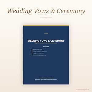 Może przedstawiać: Ciemnoniebieski dokument zatytułowany Wedding Vows & Ceremony z białym tekstem. Zawiera 12 stron, 5-częściową formułę pisania przysiąg, szablony do wypełnienia, 3 przykłady przysiąg oraz pełny scenariusz ceremonii. Format PDF, A4.