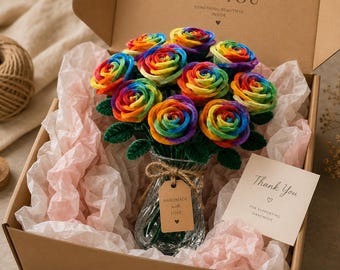 Rainbow Pipe Cleaner Flower Bouquet – Handmade Chenille Rose Arrangement – Colorful Craft Home Decor Gift