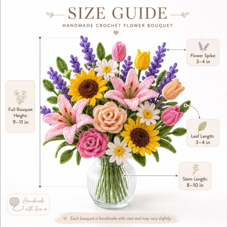 May include: A handmade crochet flower bouquet in a clear glass vase. Text includes SIZE GUIDE, HANDMADE CROCHET FLOWER BOUQUET, Full Bouquet Height: 9-11 in, Flower Spike: 3-4 in, Leaf Length: 3-4 in, Stem Length: 8-10 in, and Handmade with love.