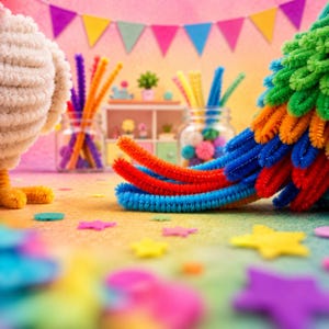 May include: A colorful craft scene featuring a white chenille yarn figure and a multi-colored pipe cleaner tree. Two glass jars hold assorted pipe cleaners, while the surface is scattered with small felt stars in yellow, pink, and blue.