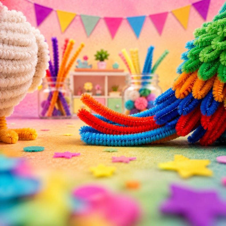 May include: A colorful craft scene featuring a white chenille yarn figure and a multi-colored pipe cleaner tree. Two glass jars hold assorted pipe cleaners, while the surface is scattered with small felt stars in yellow, pink, and blue.