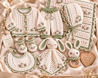 Crochet Baby Gift Set Pattern PDF, Blanket Cardigan Bonnet Booties Bib Lovey Rattle Bundle