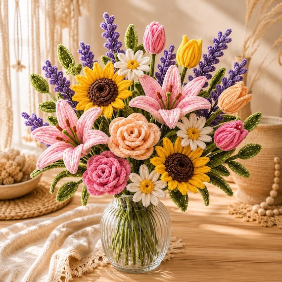 Pipe Cleaner Flowers Pattern PDF, DIY Flower Bouquet Tutorial, Easy Beginner Craft Guide