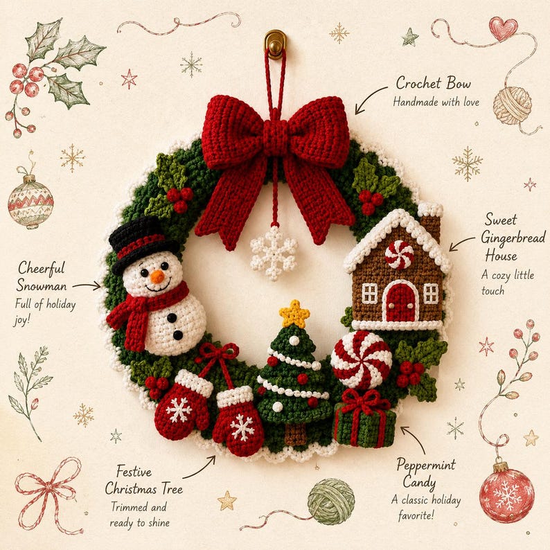 May include: A green crochet Christmas wreath featuring a large red bow, a white snowman with a black hat, a brown gingerbread house, a green Christmas tree, red mittens, a peppermint candy, and a gift box, with a white snowflake hanging below.