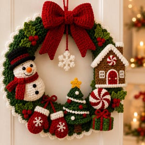 May include: A crocheted Christmas wreath featuring a large red bow at the top with a hanging white snowflake. The wreath is decorated with a snowman in a black hat, a gingerbread house, a green Christmas tree, red mittens, and a gift box.