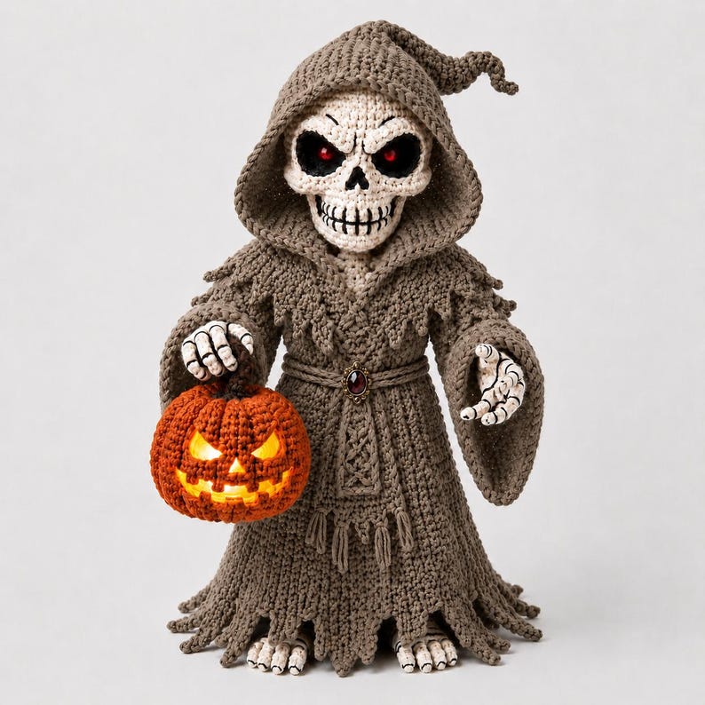 May include: A crocheted grim reaper figure wearing a hooded brown robe with frayed edges and a central belt buckle. The figure has a white skull head with glowing red eyes and holds a bright orange crocheted jack-o'-lantern with internal light.