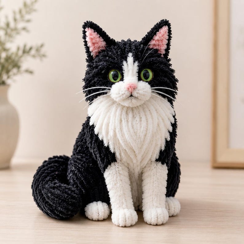 Op de afbeelding: Een handgemaakt gehaakt kattenfiguur van zwart en wit garen. De kat heeft heldergroene ogen, een roze neus en lichtroze oren. Het figuur zit in een rechtopstaande positie met een lange, gekrulde staart en witte pootjes.