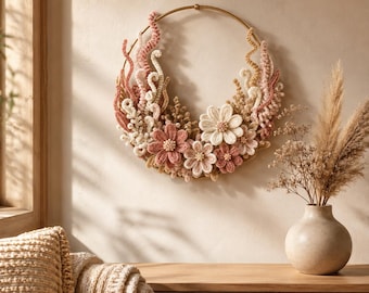 Pipe Cleaner Floral Hoop Wreath DIY Pattern, Chenille Flower Wall Decor Tutorial Printable Guide