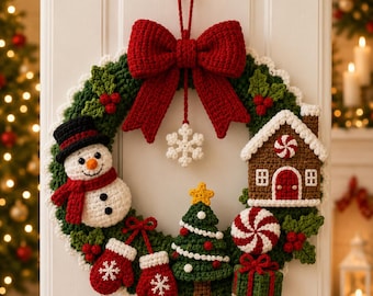Crochet Christmas Wreath Pattern PDF, Snowman Gingerbread House Door Decor, Holiday DIY Crochet Patterns