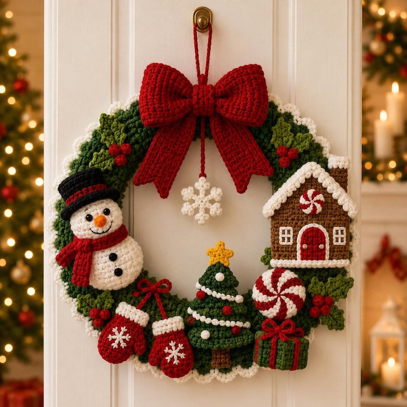 May include: A crocheted Christmas wreath featuring a large red bow, a white snowflake ornament, a snowman in a black hat, a gingerbread house, a green Christmas tree, red mittens, a peppermint candy, and a green gift box with red ribbon.