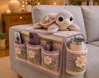 Crochet Sofa Arm Organizer Pattern PDF, Couch Caddy, Remote Holder, Cup Holder, Turtle Tutorial